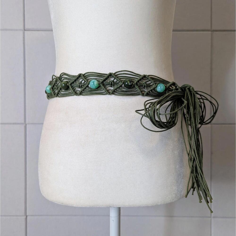 Vintage y2k green macrame boho beaded tie belt